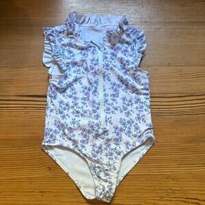 Shein white purple floral ruffle sleeve collar zip front swimsuit SIZE 6